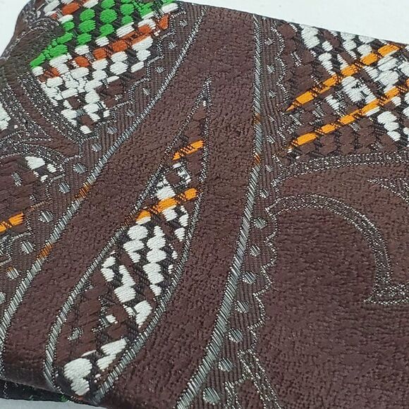 Vintage 70s Mens Wide Textured Necktie Geometric Paisley Stripe Tie Brown Green - Picture 3 of 3